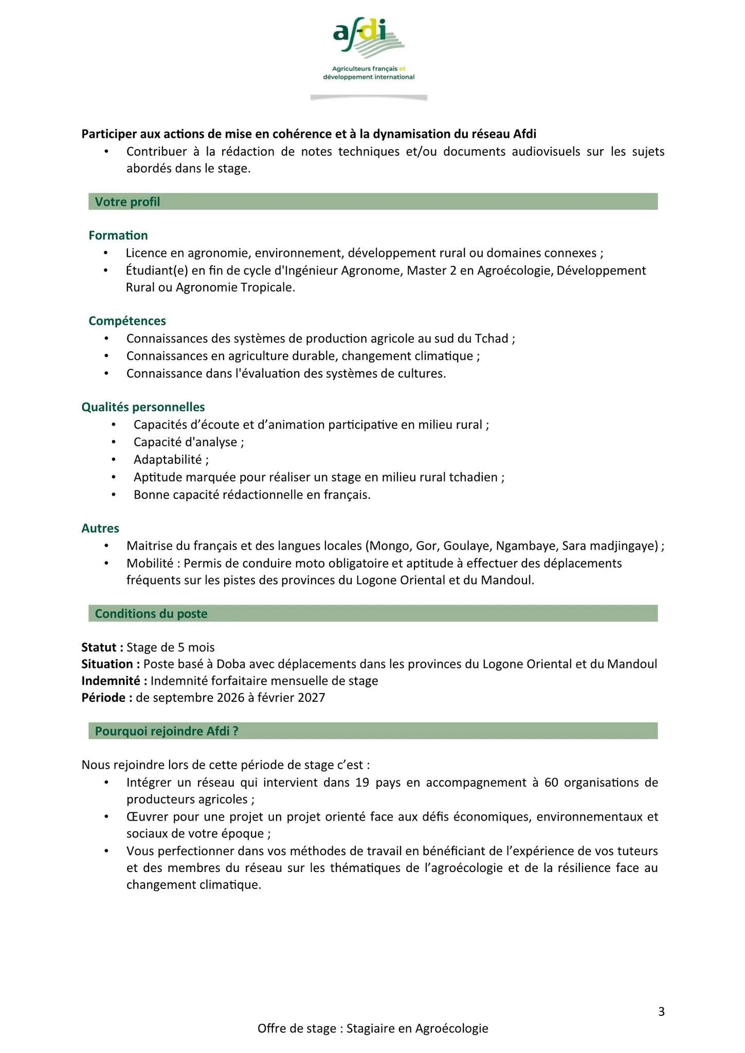 Offre de stage à Afdi, Agriculteurs Français et Développement International 09 septembre 2026