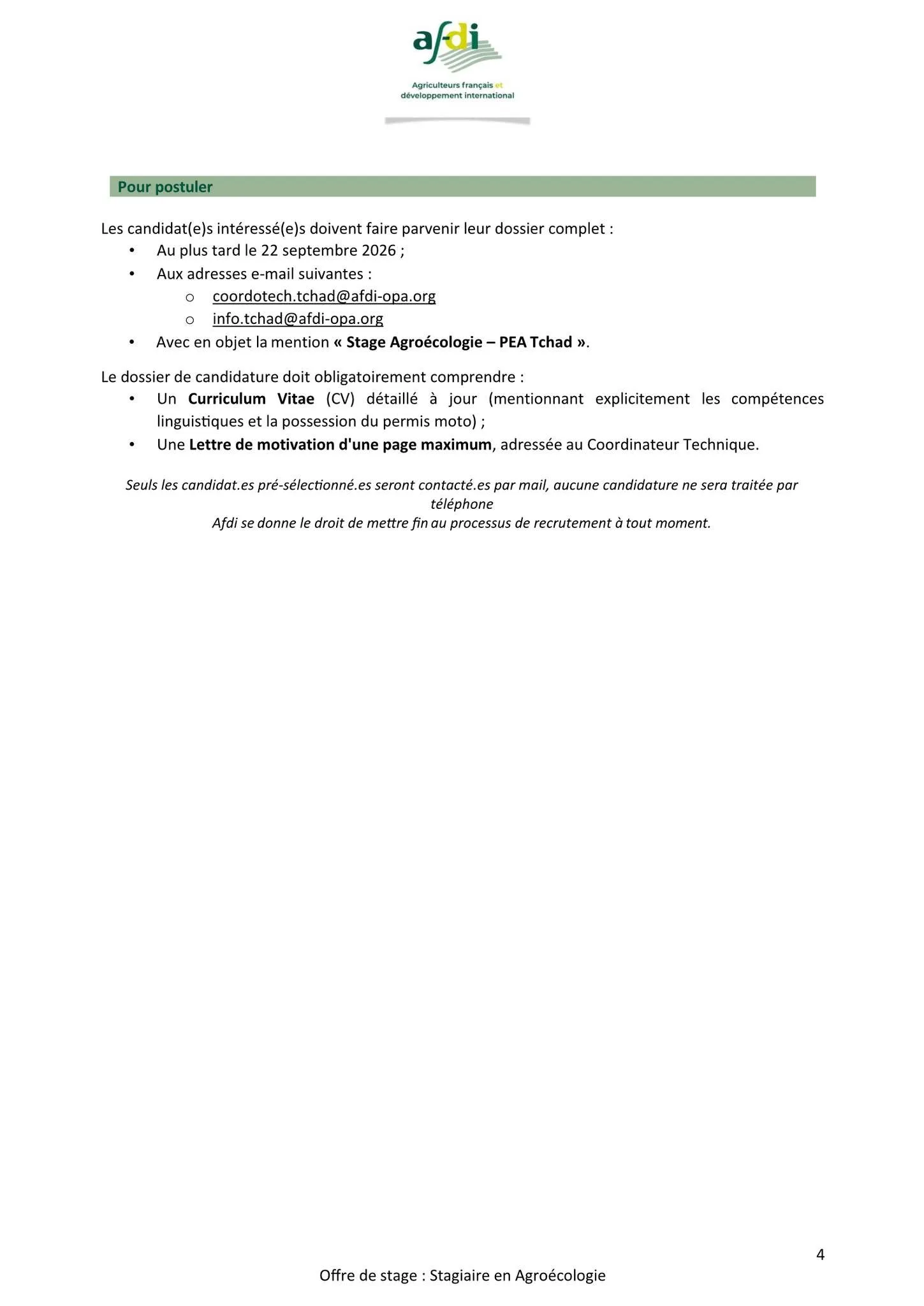 Offre de stage à Afdi, Agriculteurs Français et Développement International 09 septembre 2026
