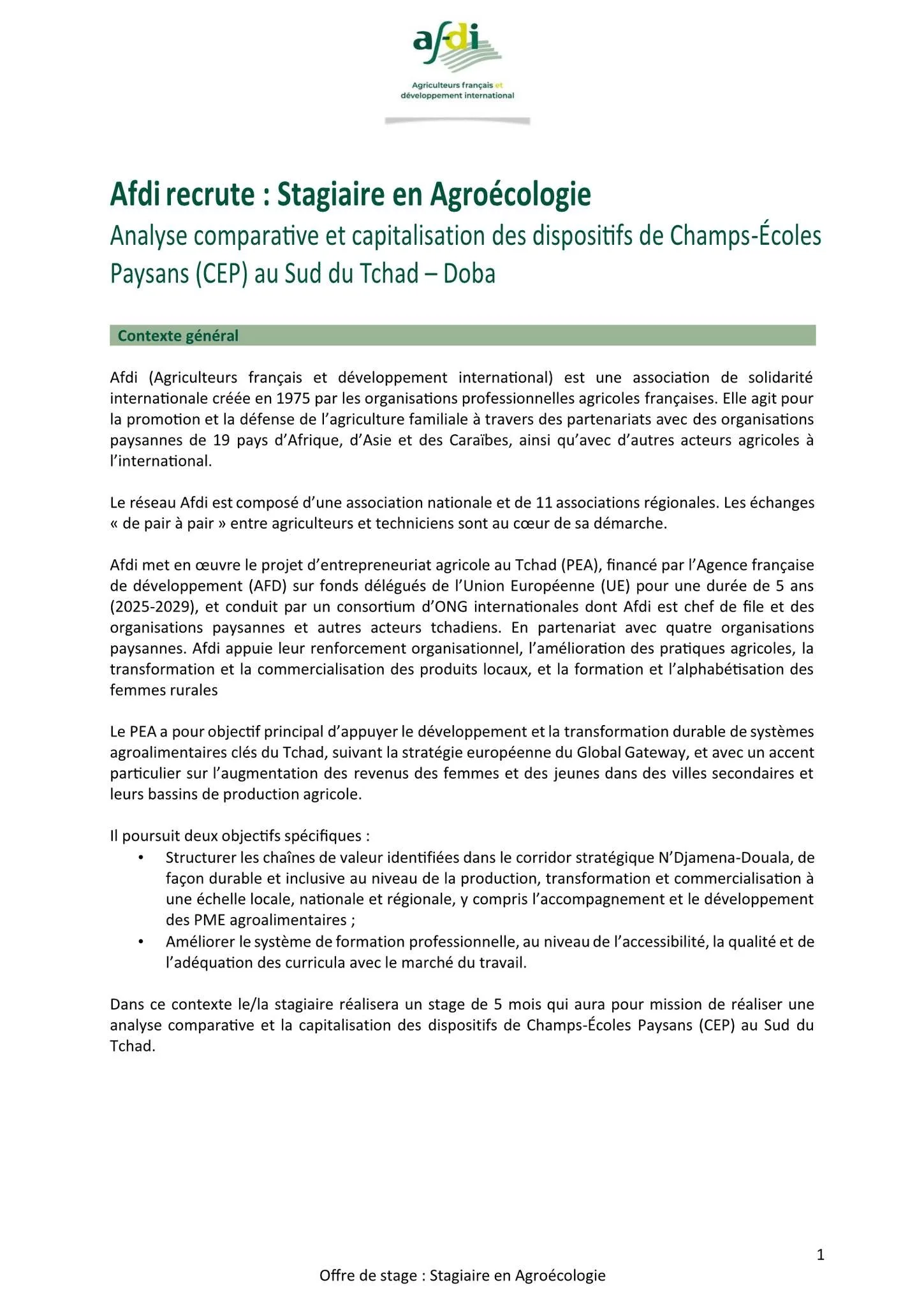 Offre de stage à Afdi, Agriculteurs Français et Développement International 09 septembre 2026