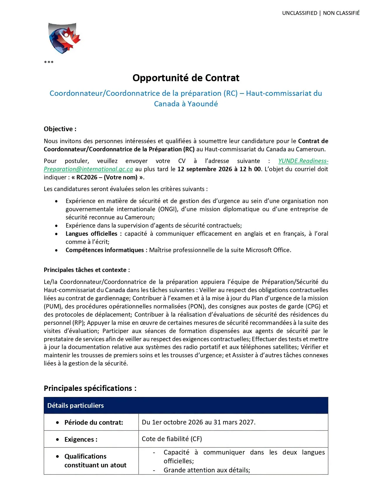 Offre d'emploi au Haut-commissariat du Canada 09 septembre 2026