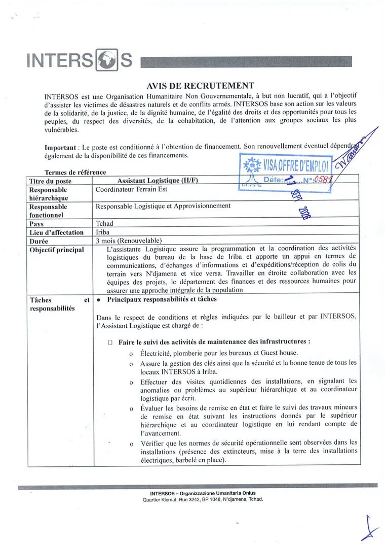 Opportunité de travail à l'ONG Intersos 17 septembre 2026