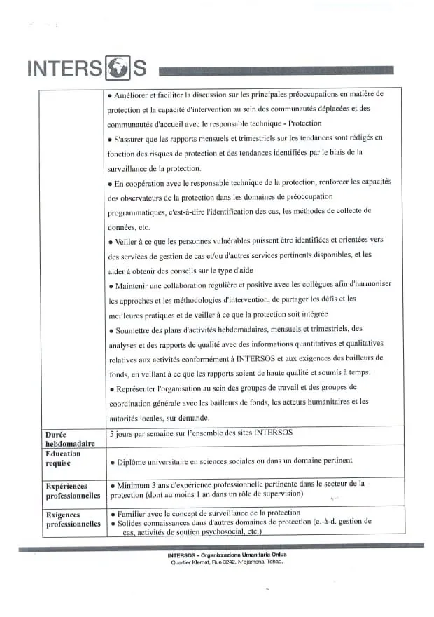 Poste à pourvoir à l'organisation humanitaire Intersos 29 septembre 2026