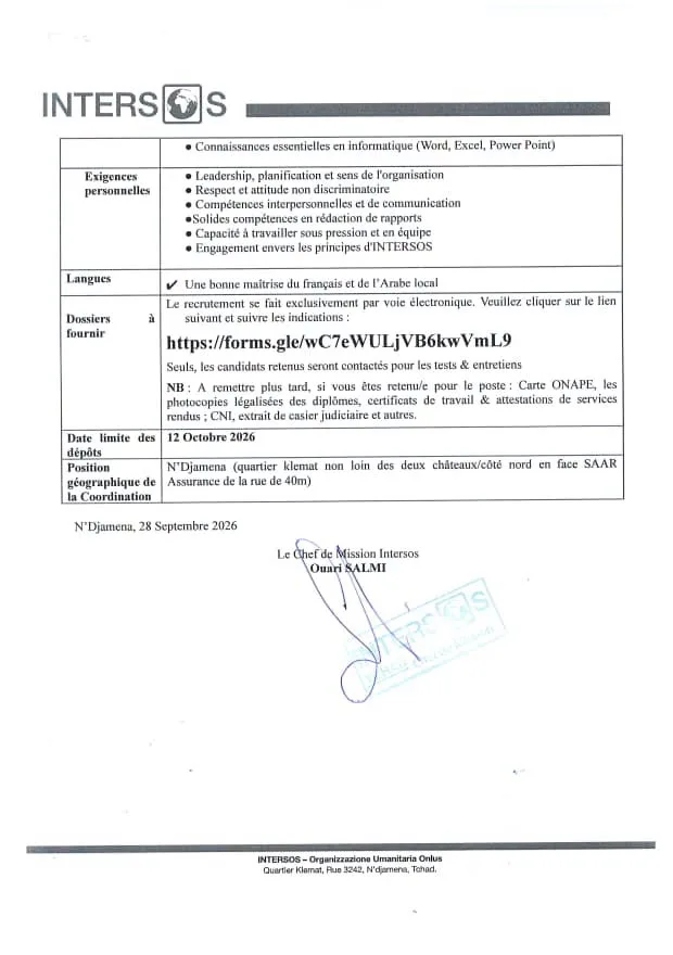 Poste à pourvoir à l'organisation humanitaire Intersos 29 septembre 2026