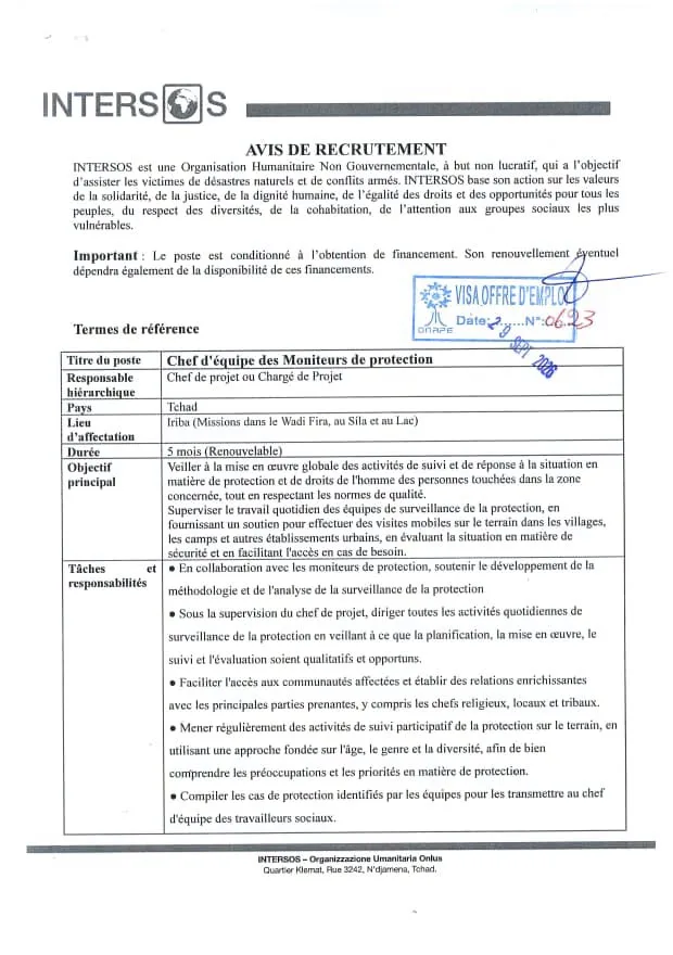 Poste à pourvoir à l'organisation humanitaire Intersos 29 septembre 2026