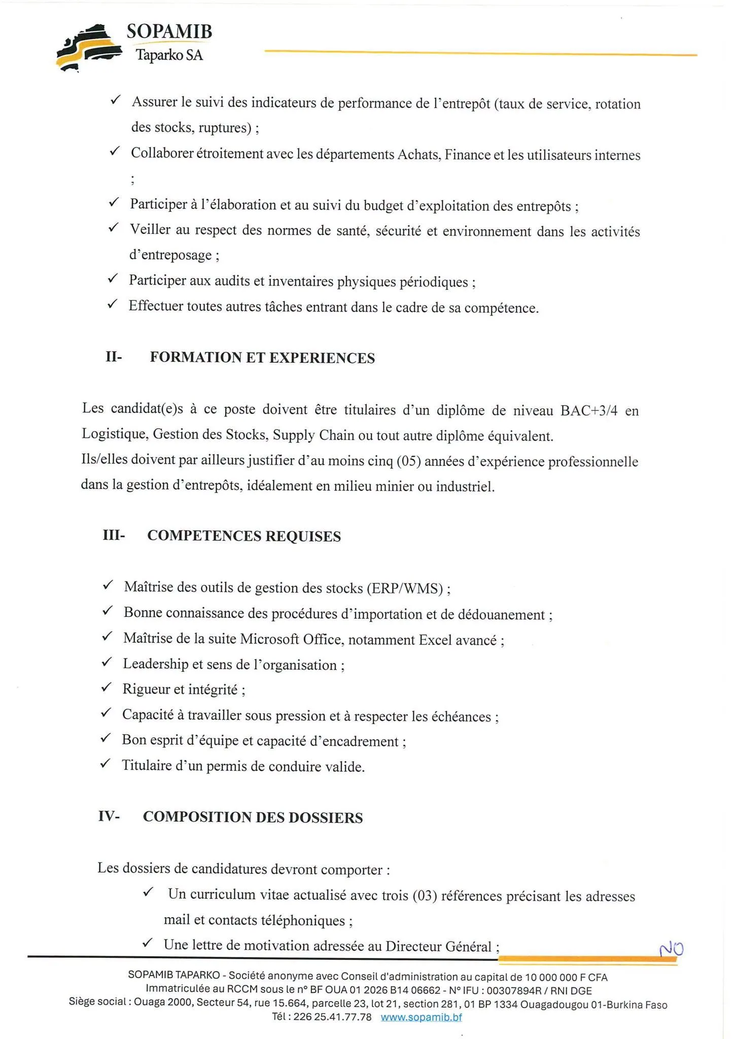 Recrutement à la SOPAMIB 14 septembre 2026