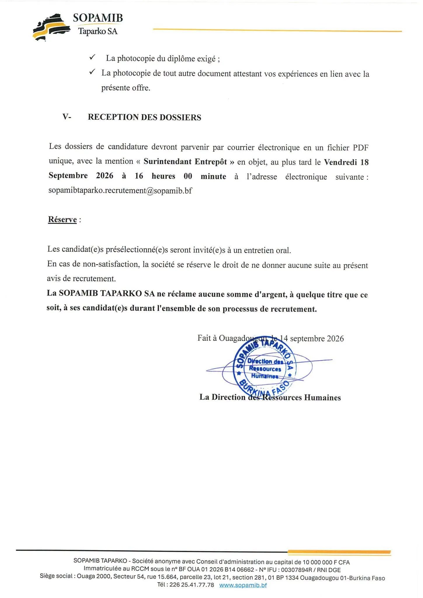 Recrutement à la SOPAMIB 14 septembre 2026