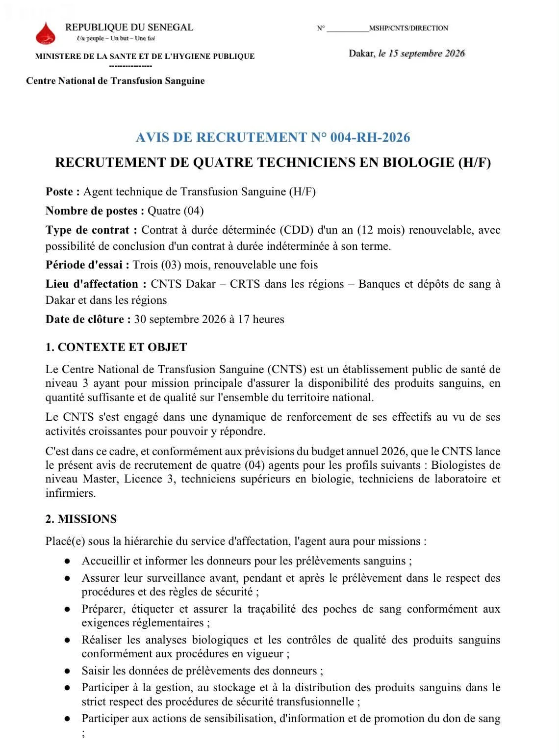 Recrutement en cours à la CNTS 16 septembre 2026