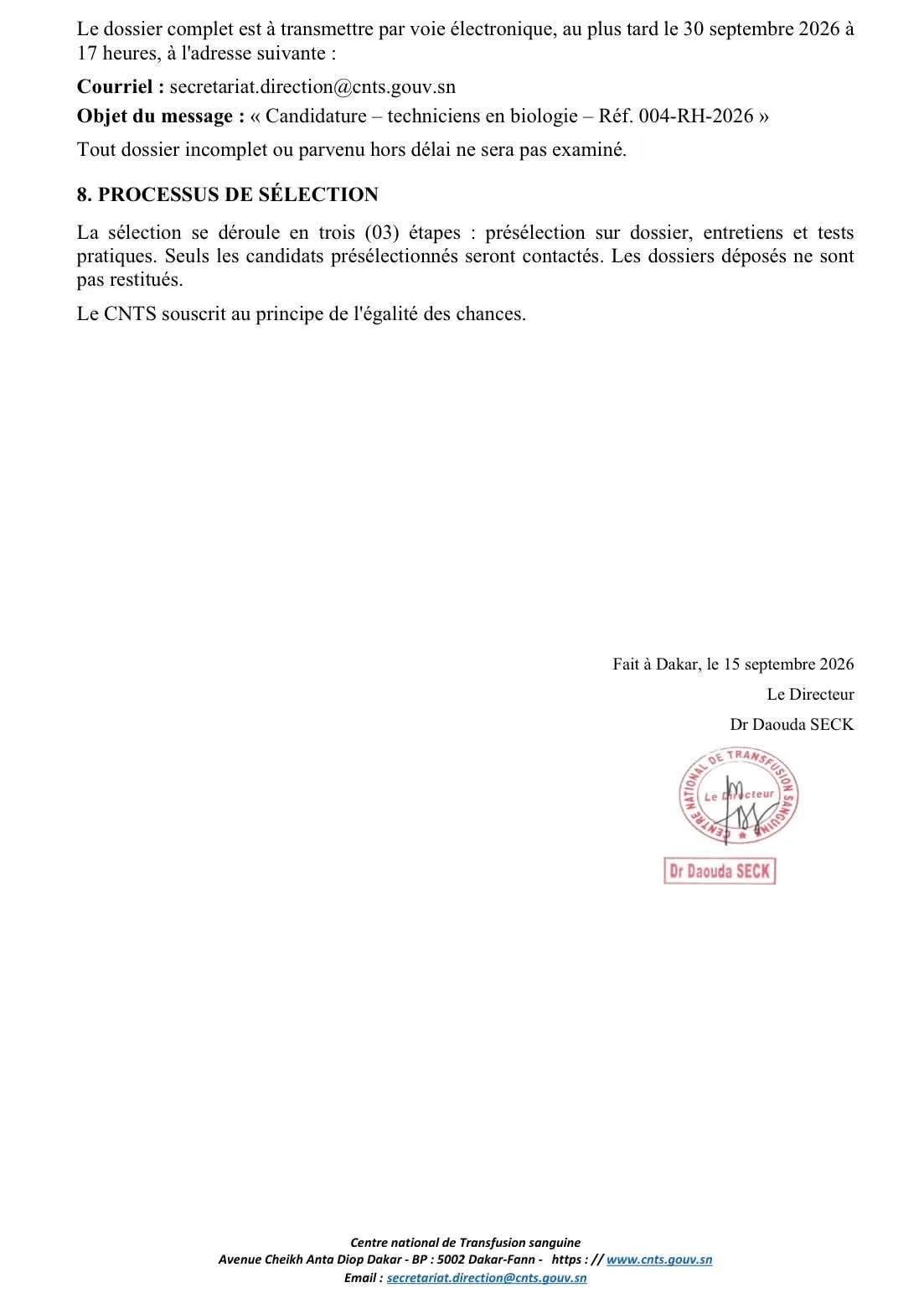 Recrutement en cours à la CNTS 16 septembre 2026
