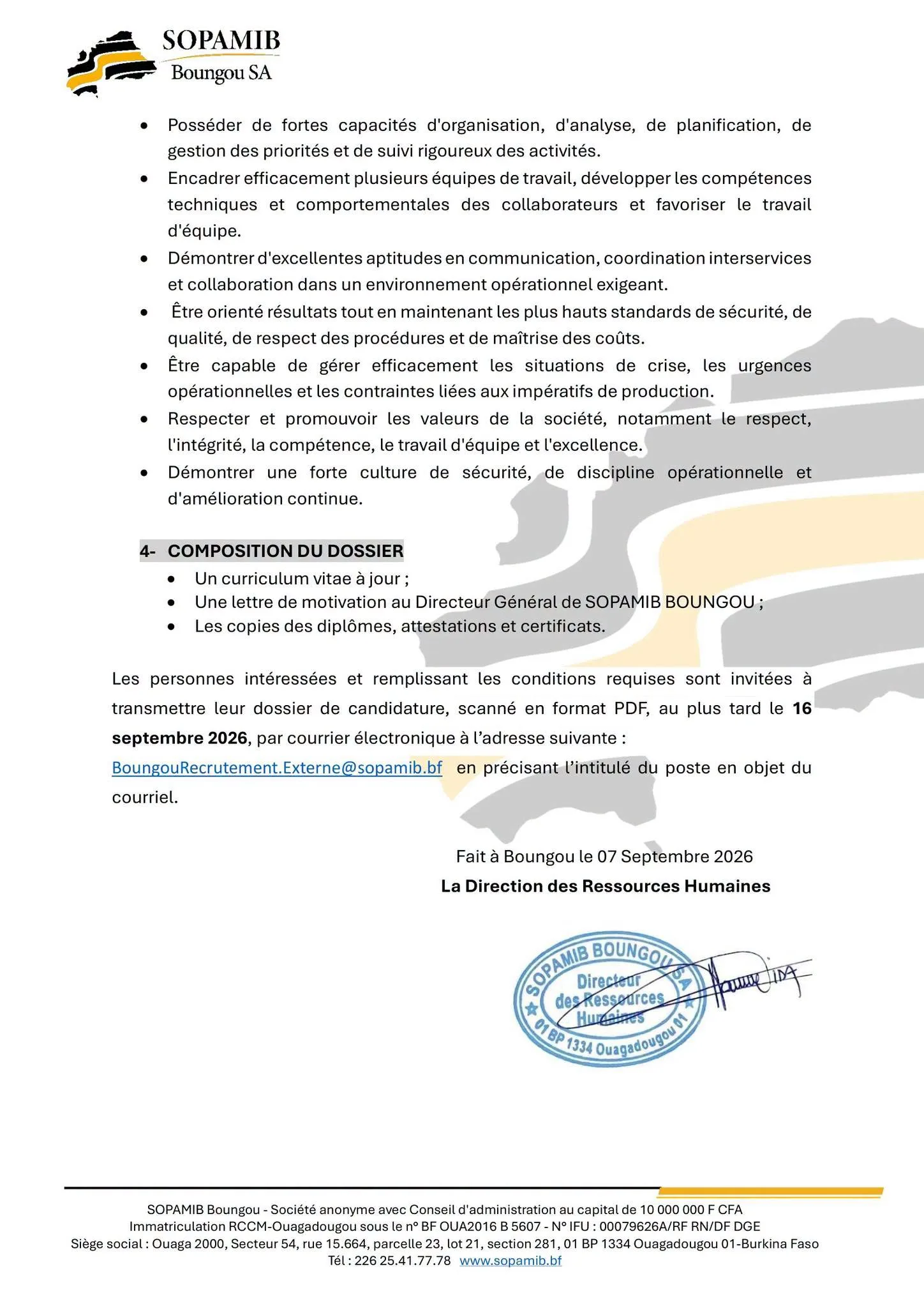 Recrutement en cours à la SOPAMIB 07 septembre 2026