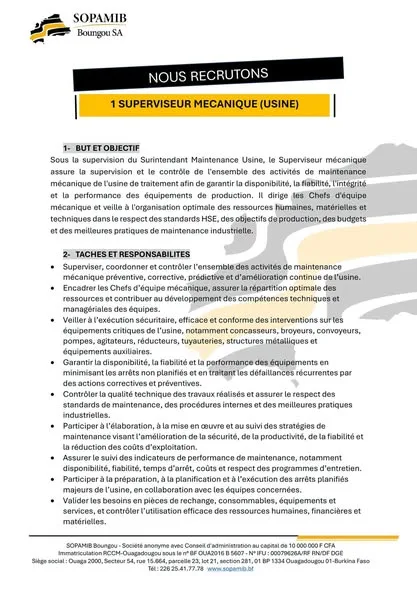 Recrutement en cours à la SOPAMIB 07 septembre 2026
