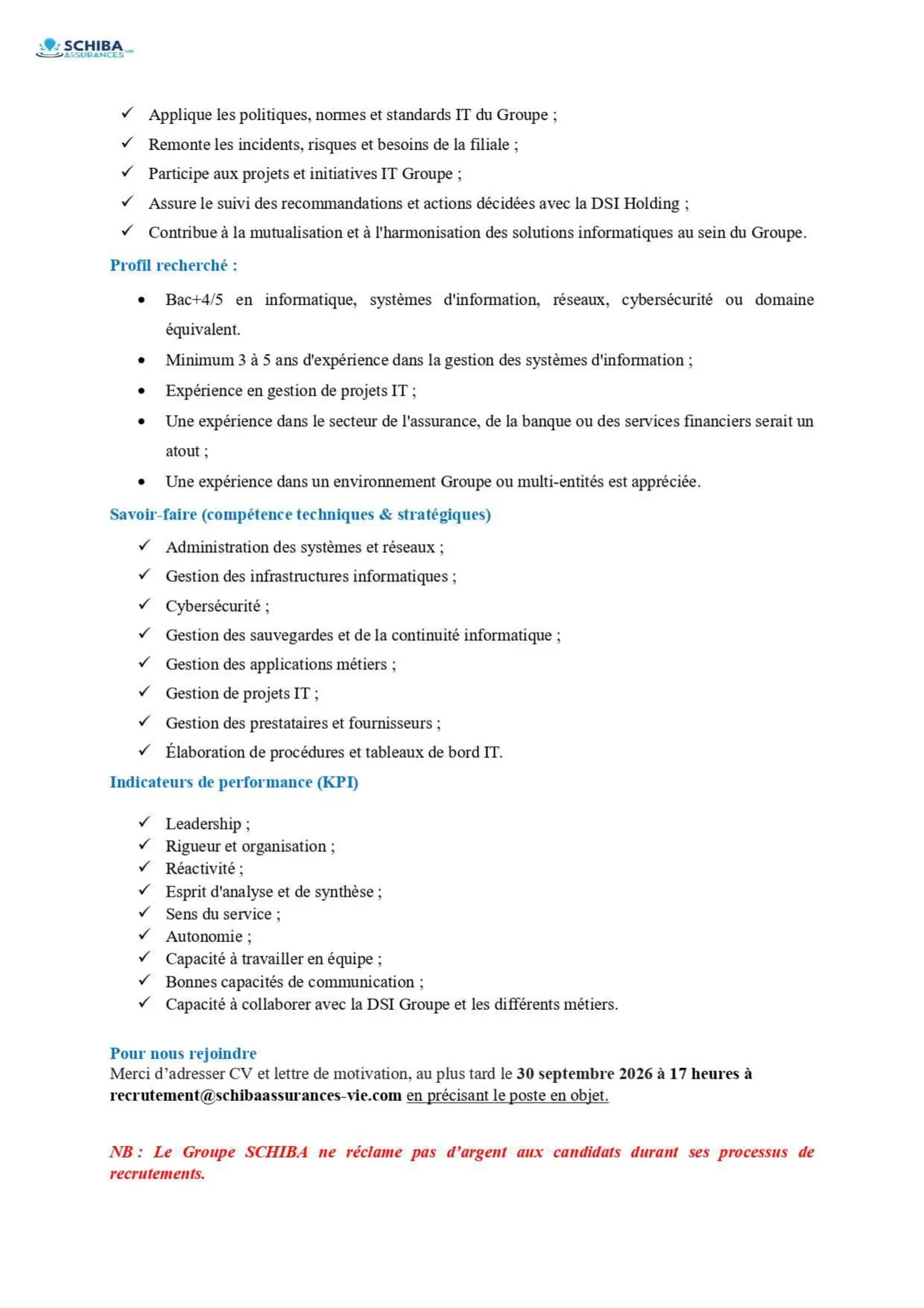 Schiba Assurances Vie recrute 16 septembre 2026
