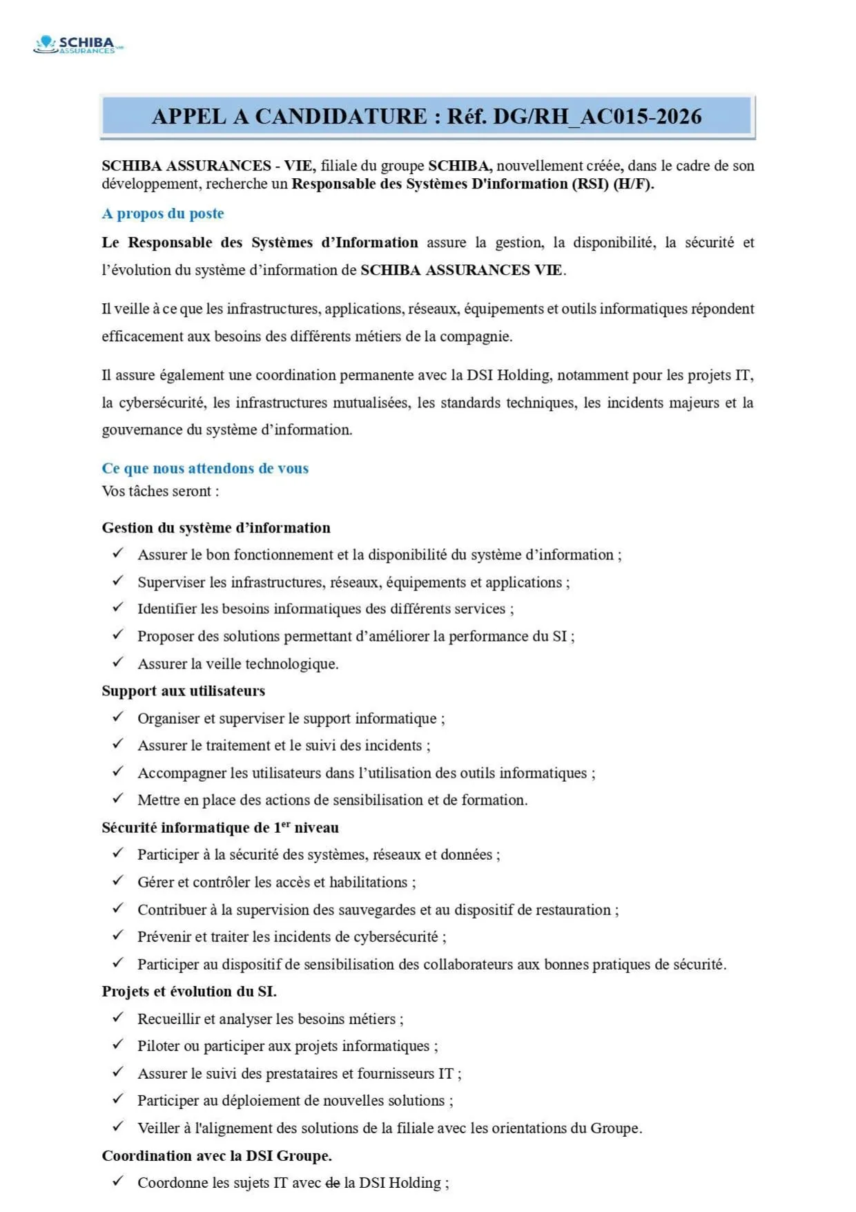 Schiba Assurances Vie recrute 16 septembre 2026