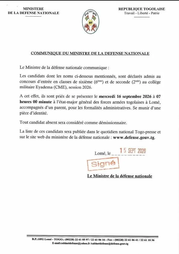 Togo  liste des candidats admis au concours d'entrée 2026 au Collège militaire Eyadéma 