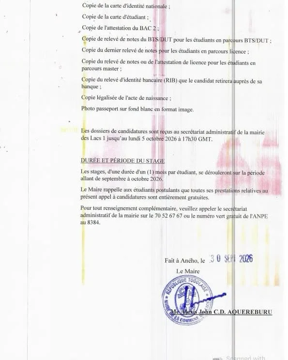 Togo opportunité de stage de vacances pour étudiants 30 septembre 2026