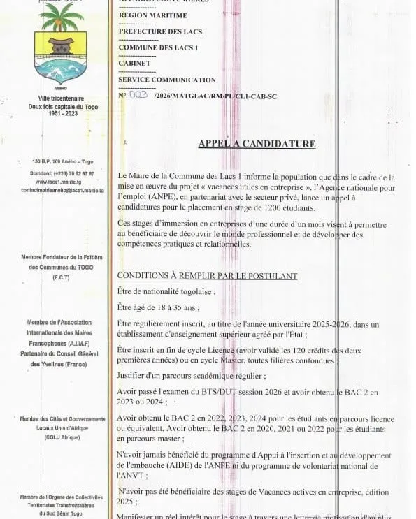 Togo opportunité de stage de vacances pour étudiants 30 septembre 2026
