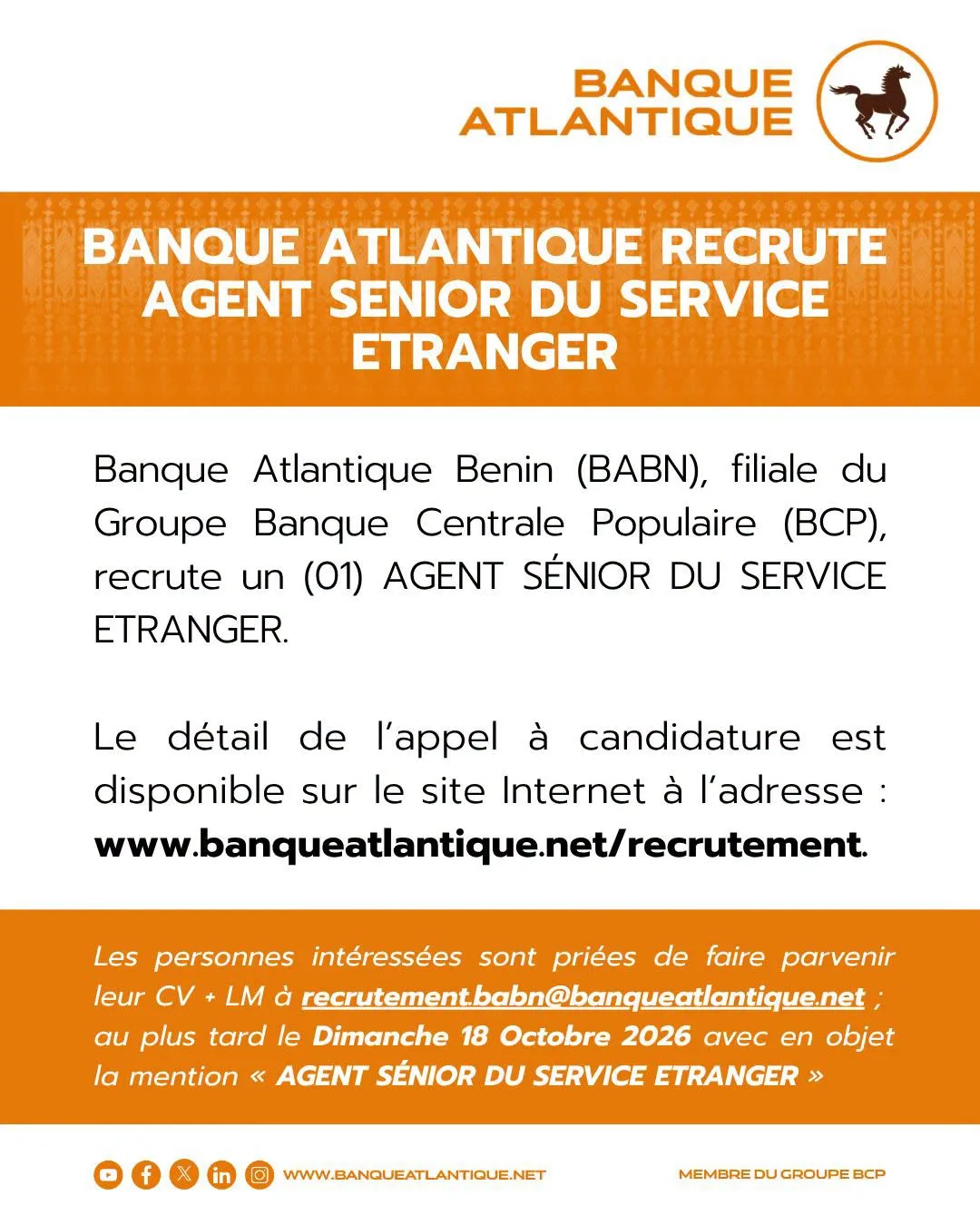 Banque Atlantique Benin recrute 08 octobre 2026