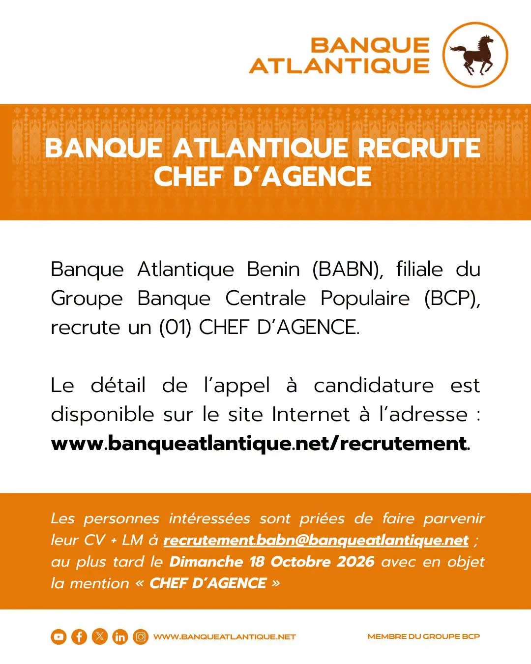 Banque Atlantique Benin recrute 08 octobre 2026