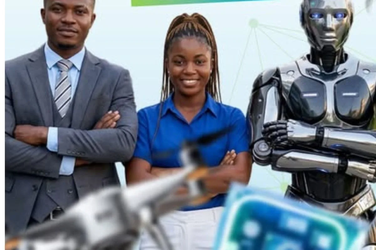 Deux personnes présentent un robot lors d’un événement consacré à l’innovation technologique en Côte d’Ivoire