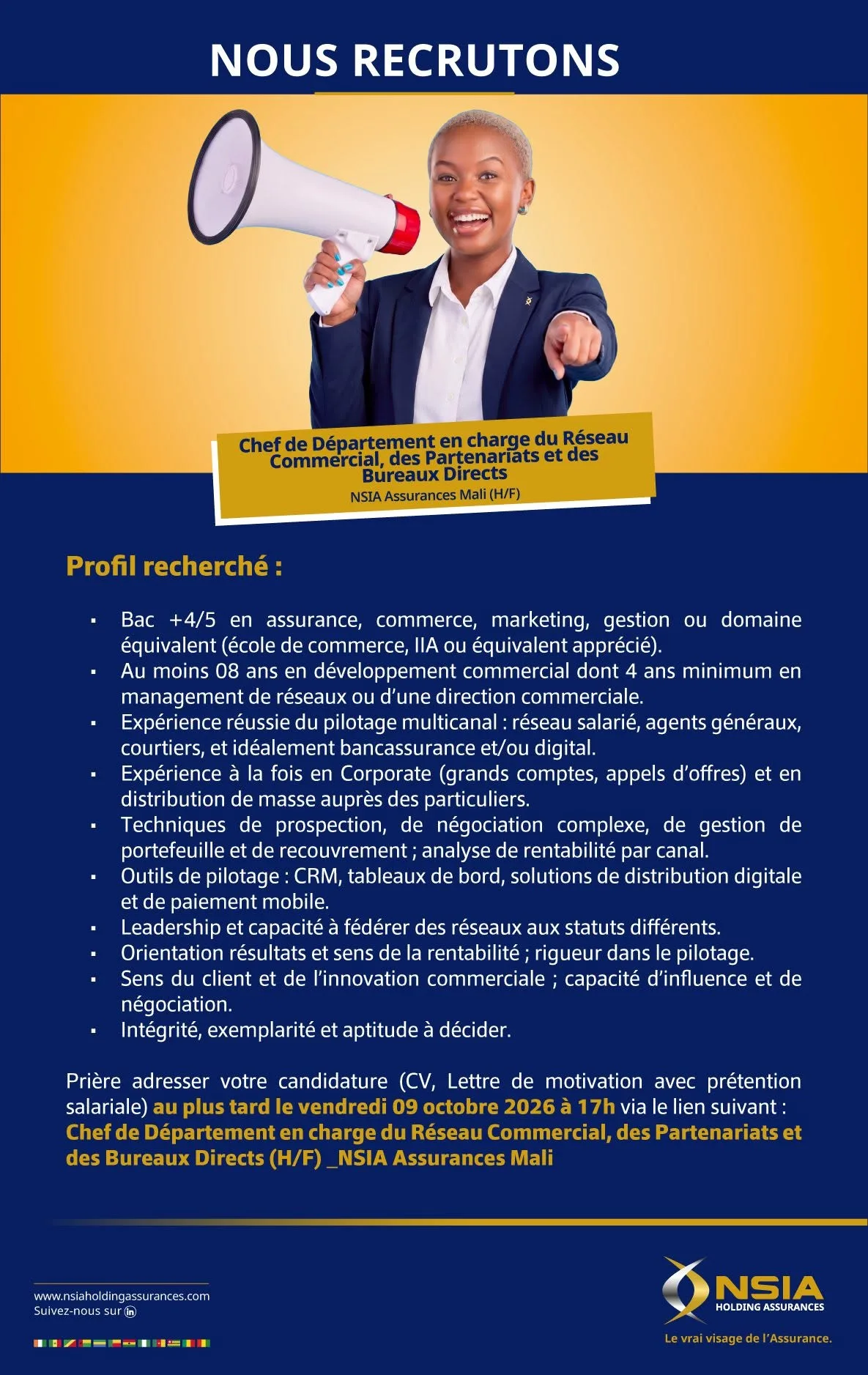 NSIA Assurances recherche ce profil 01 octobre 2026
