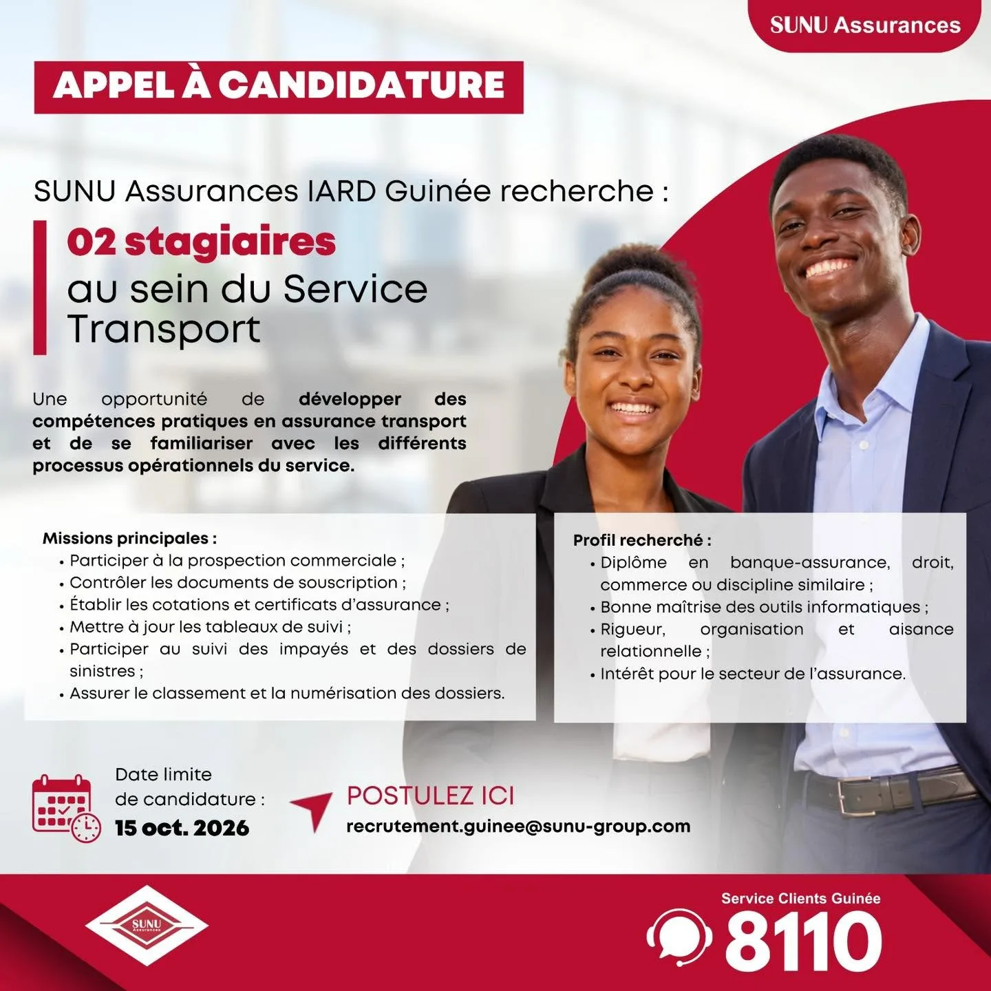 SUNU Assurances recrute des stagiaires 06 octobre 2026