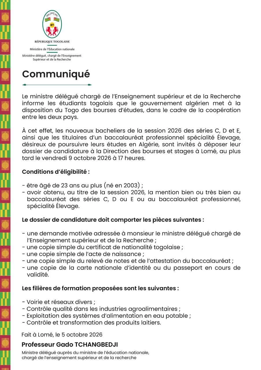 Togo bourses d’études en Algérie pour les bacheliers 2026 ; les conditions