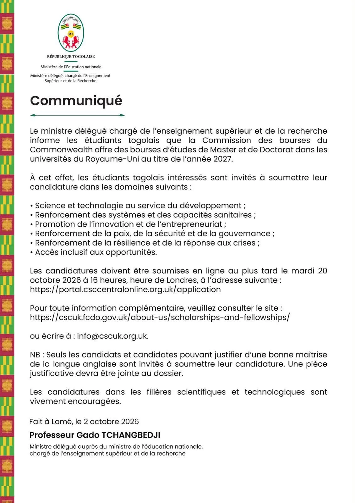 Togo bourses du Commonwealth 2027